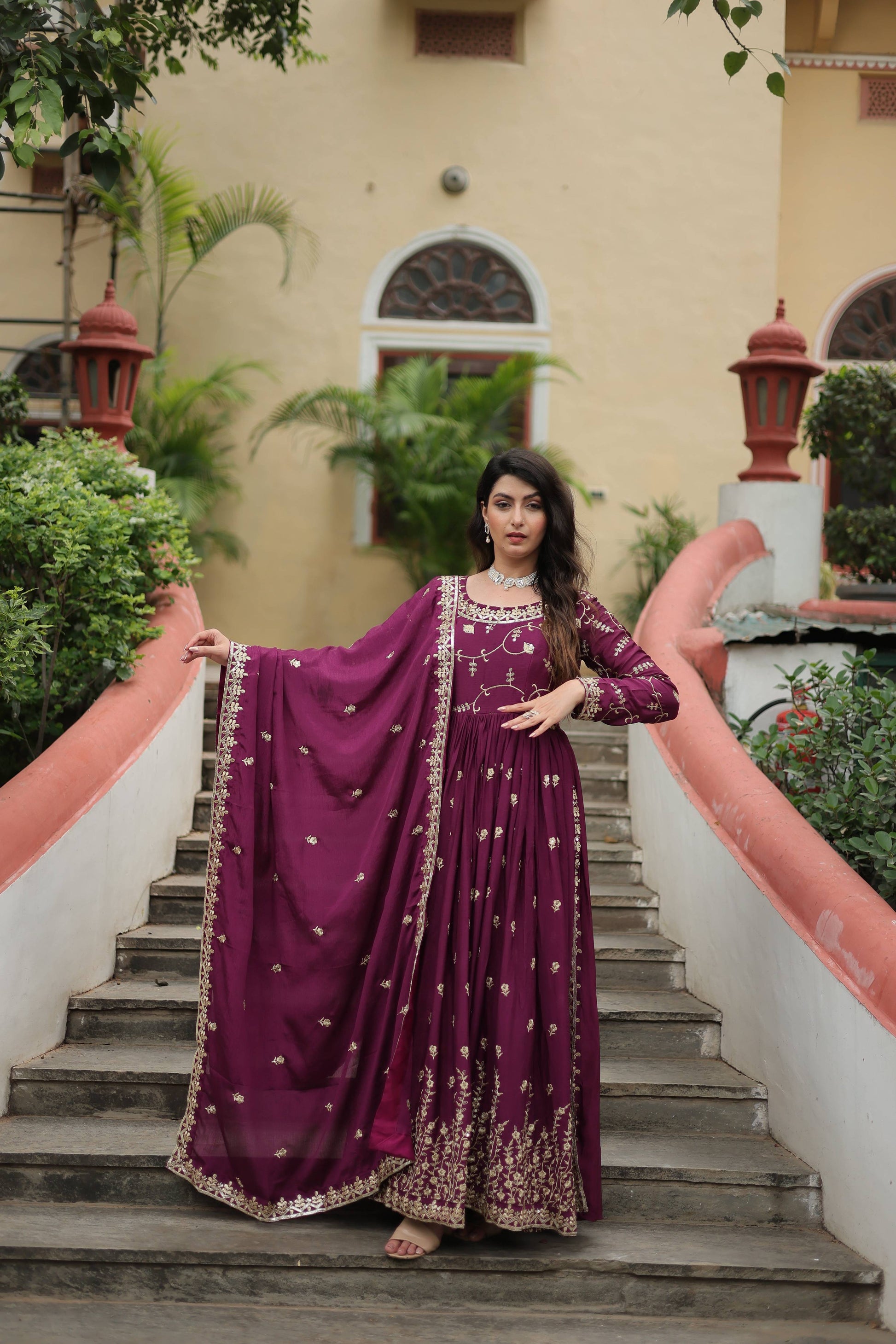 Teeya Creation Wine Color Chinon Silk Embroidery Work Fully Stitched Plazo With Anrkaly Gown