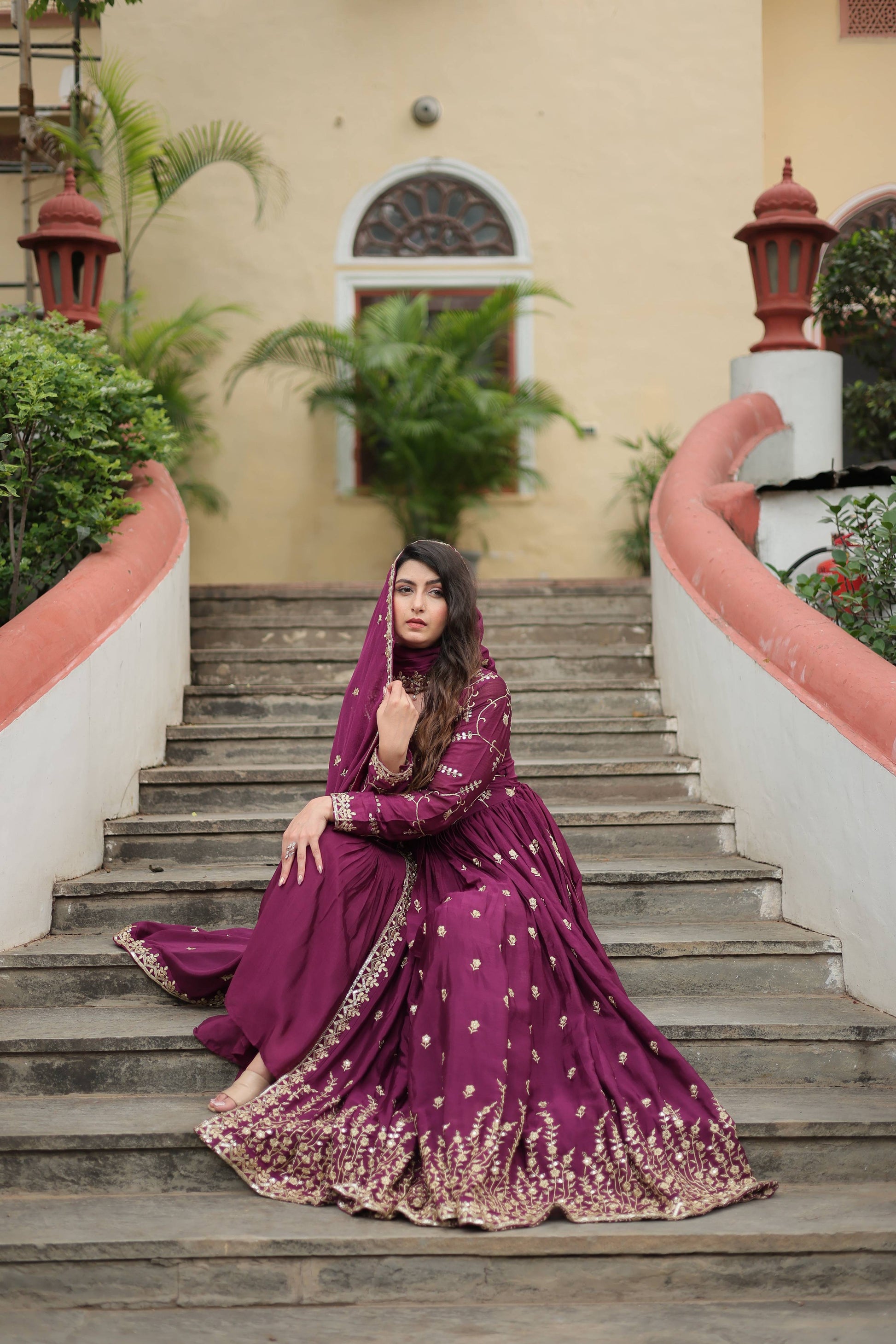 Teeya Creation Wine Color Chinon Silk Embroidery Work Fully Stitched Plazo With Anrkaly Gown