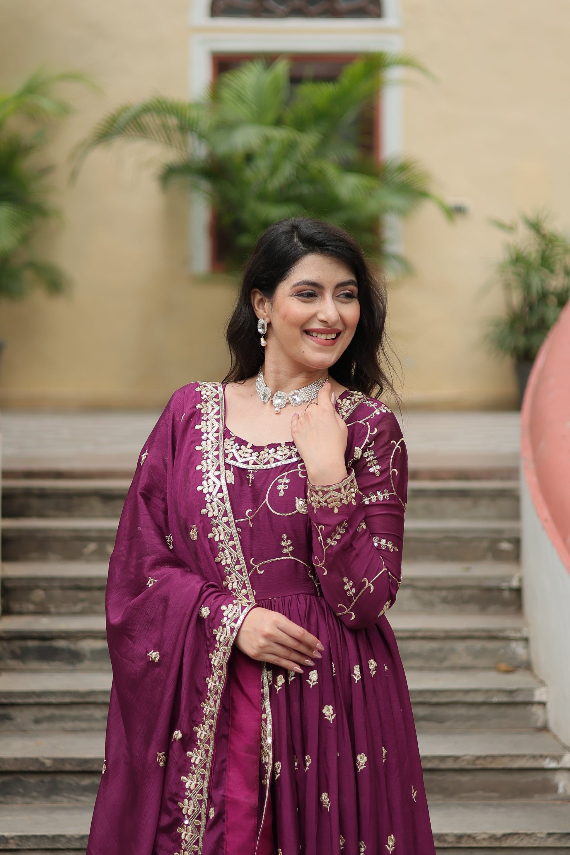 Teeya Creation Wine Color Chinon Silk Embroidery Work Fully Stitched Plazo With Anrkaly Gown
