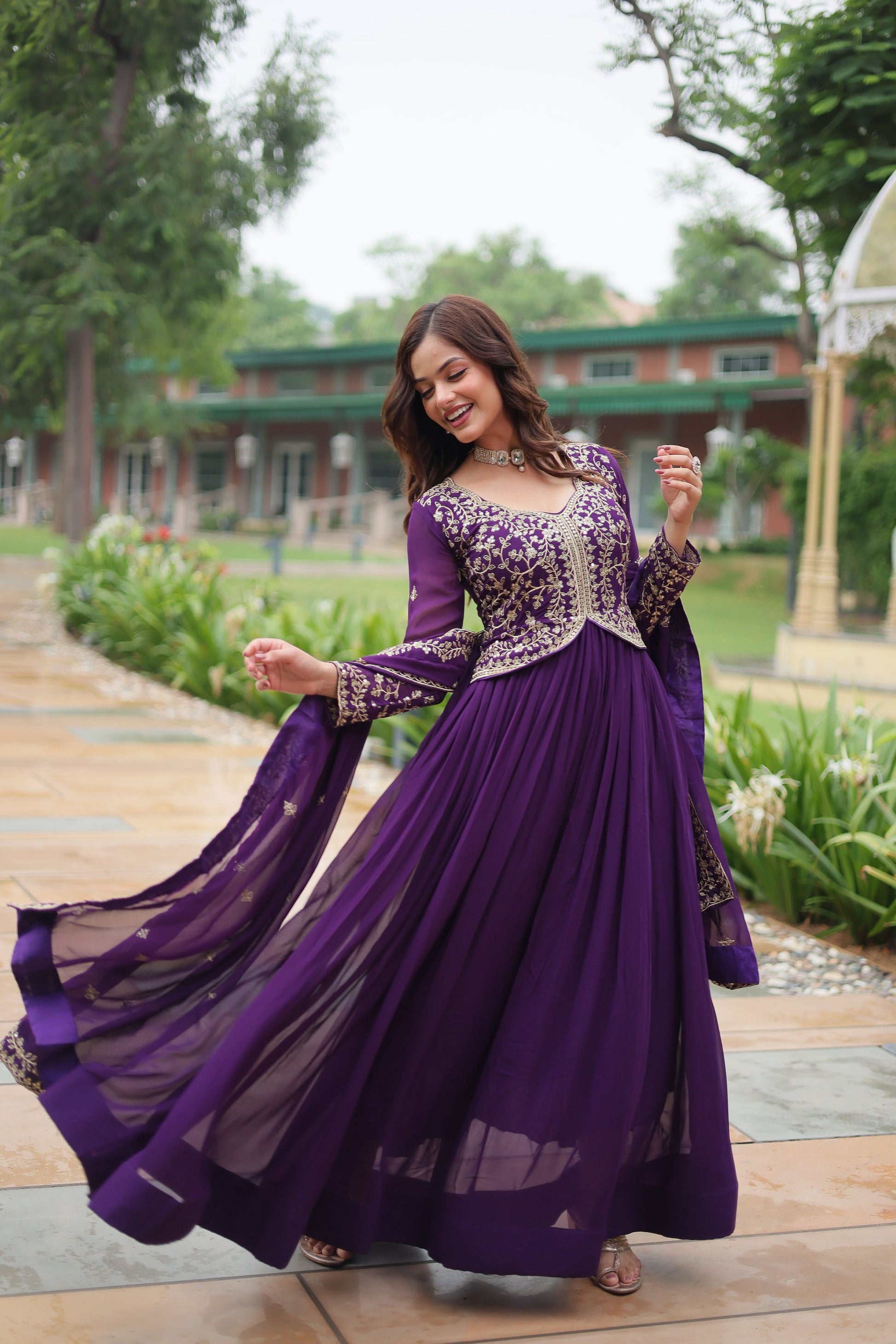 Teeya Creation Purple Color Faux Georgette Heavy Embroidery Work Dupatta Fully Stitched Gown