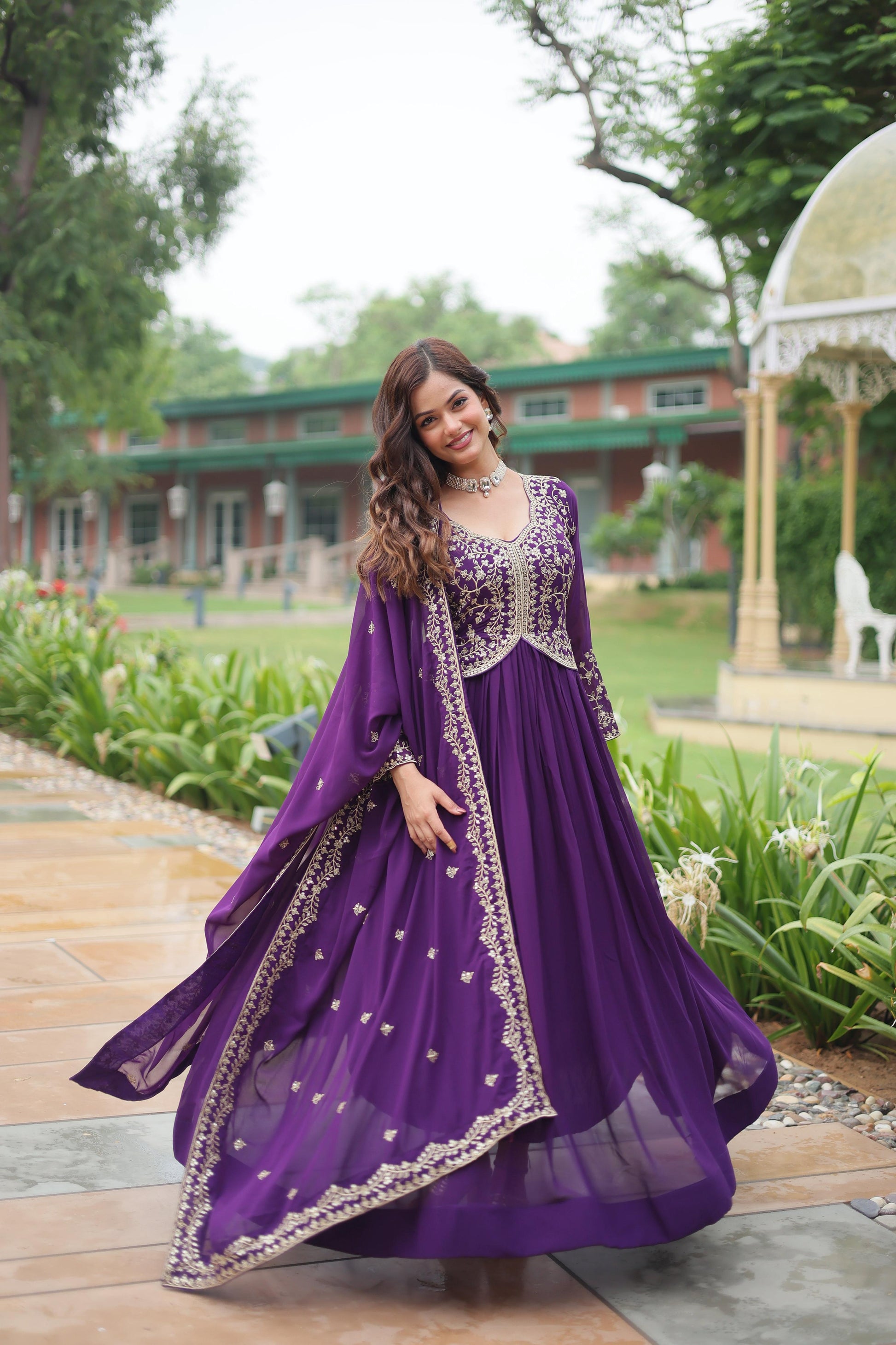 Teeya Creation Purple Color Faux Georgette Heavy Embroidery Work Dupatta Fully Stitched Gown