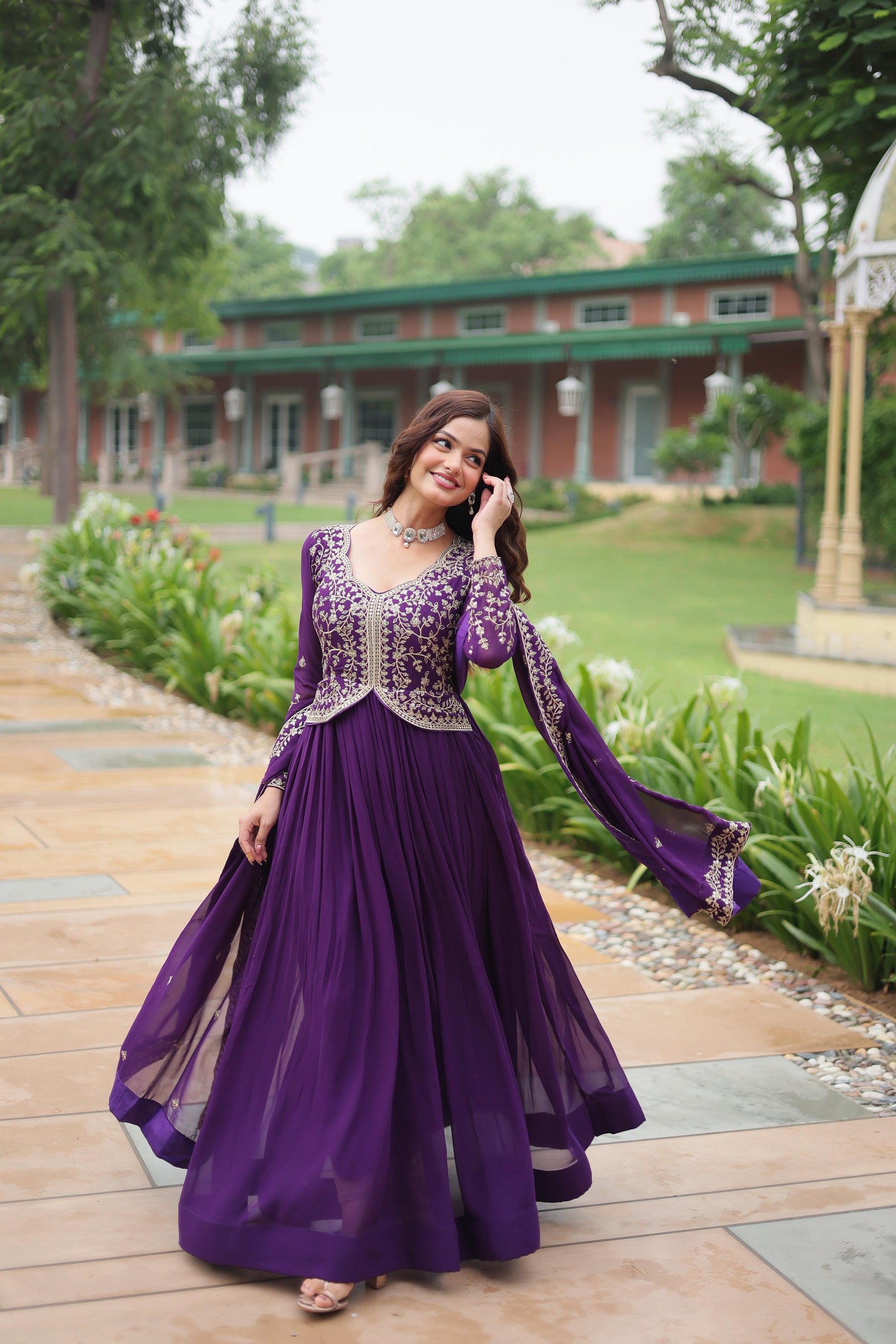 Teeya Creation Purple Color Faux Georgette Heavy Embroidery Work Dupatta Fully Stitched Gown