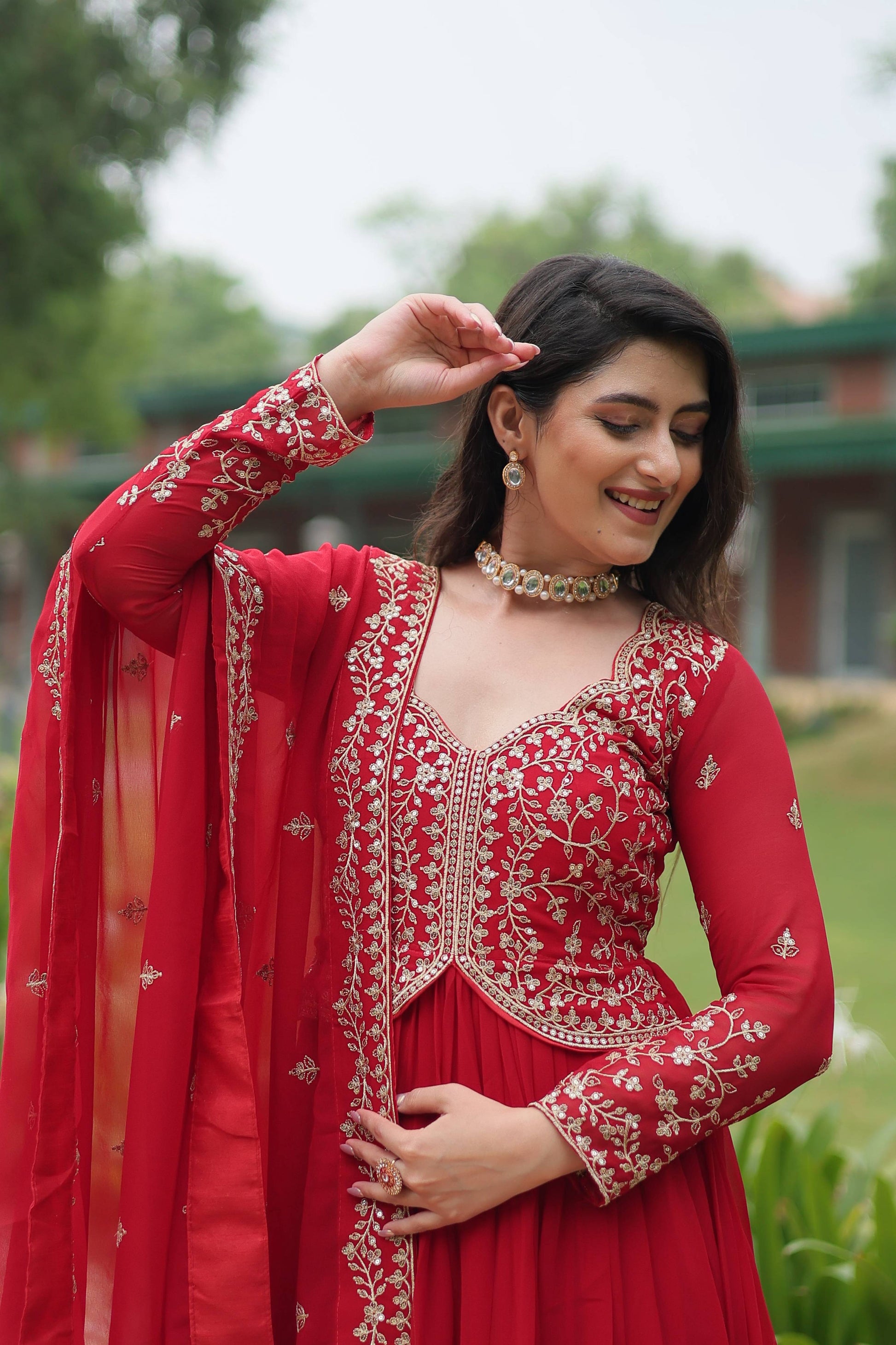 Teeya Creation Red Color Faux Georgette Heavy Embroidery Work Dupatta Fully Stitched Gown