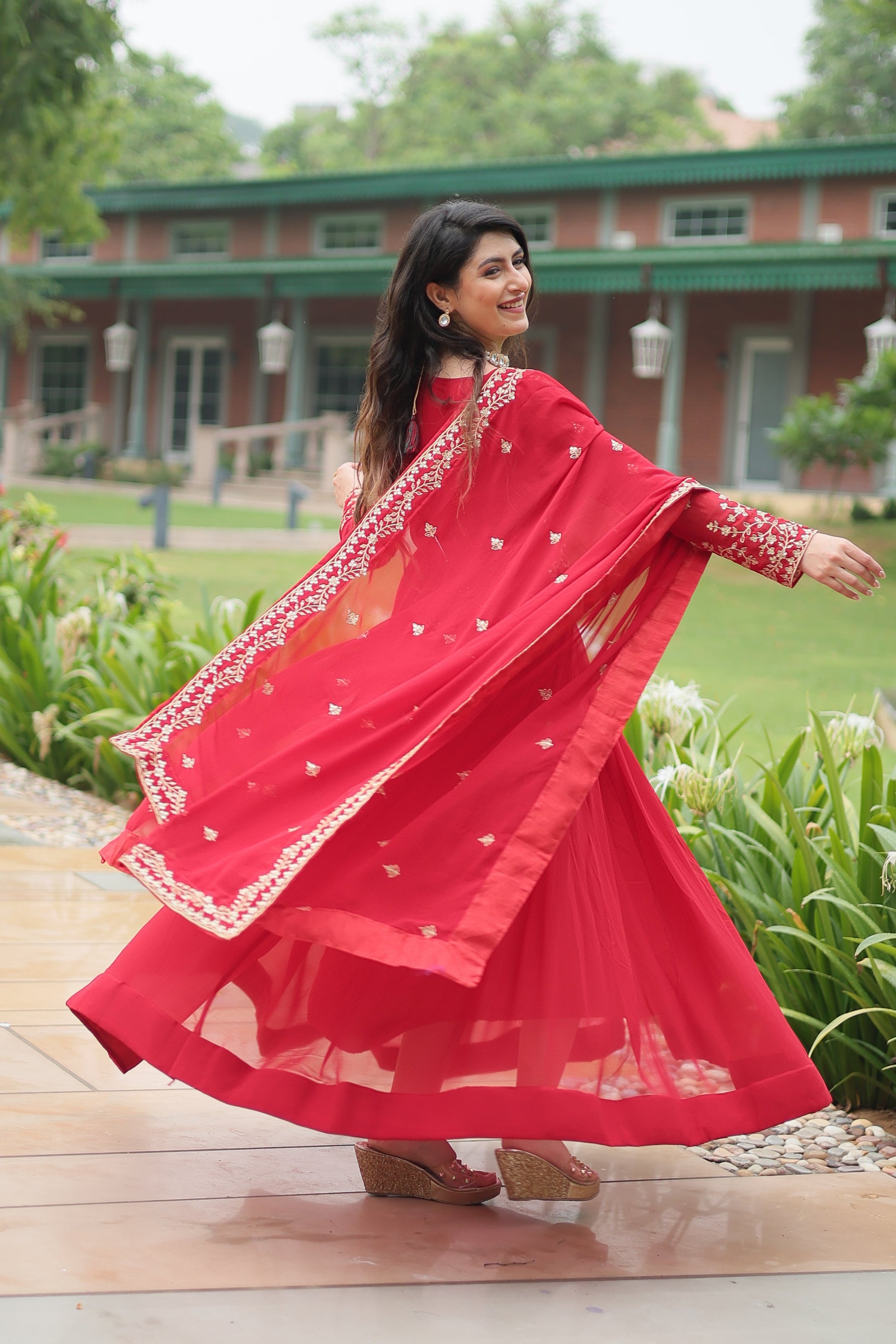 Teeya Creation Red Color Faux Georgette Heavy Embroidery Work Dupatta Fully Stitched Gown