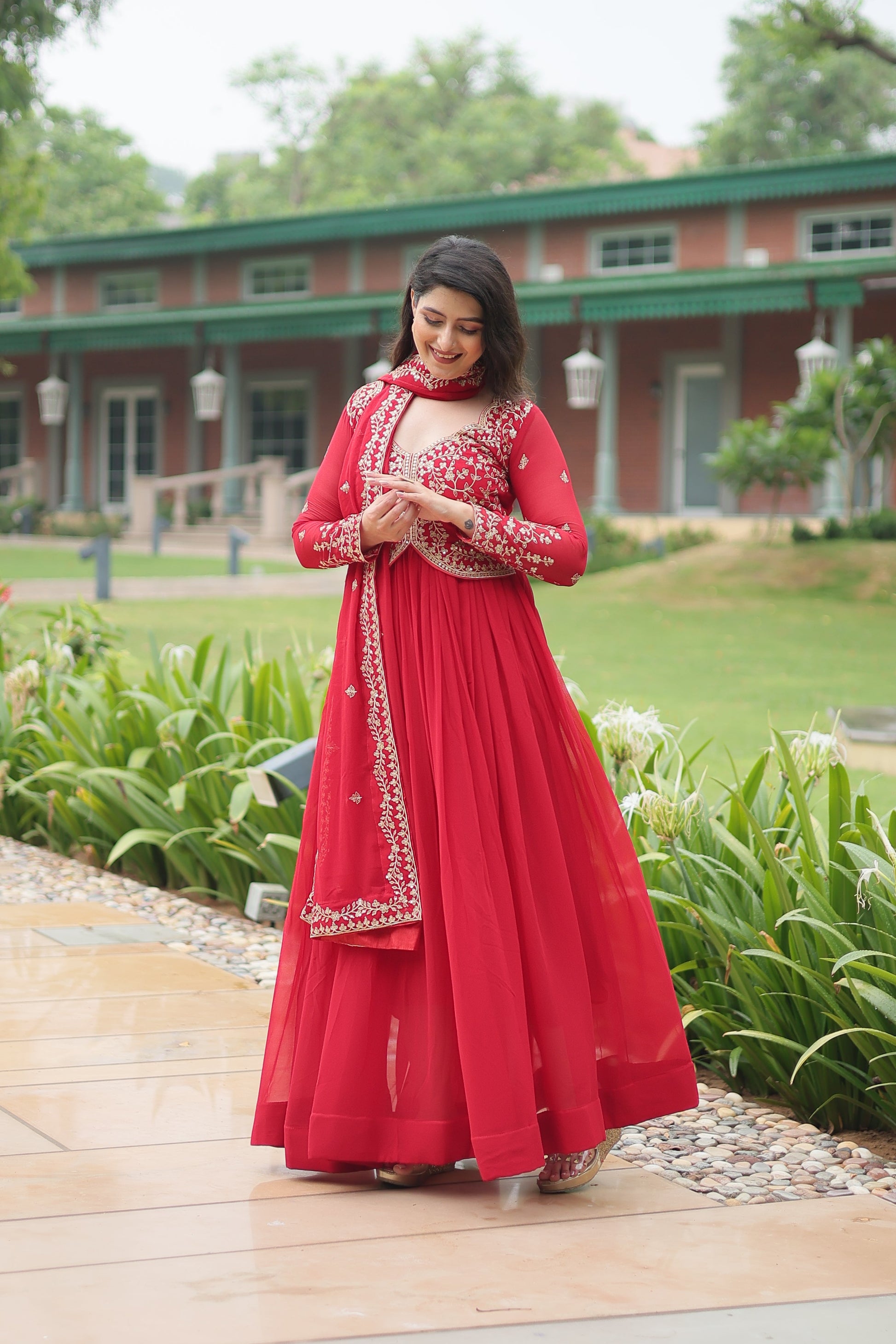 Teeya Creation Red Color Faux Georgette Heavy Embroidery Work Dupatta Fully Stitched Gown