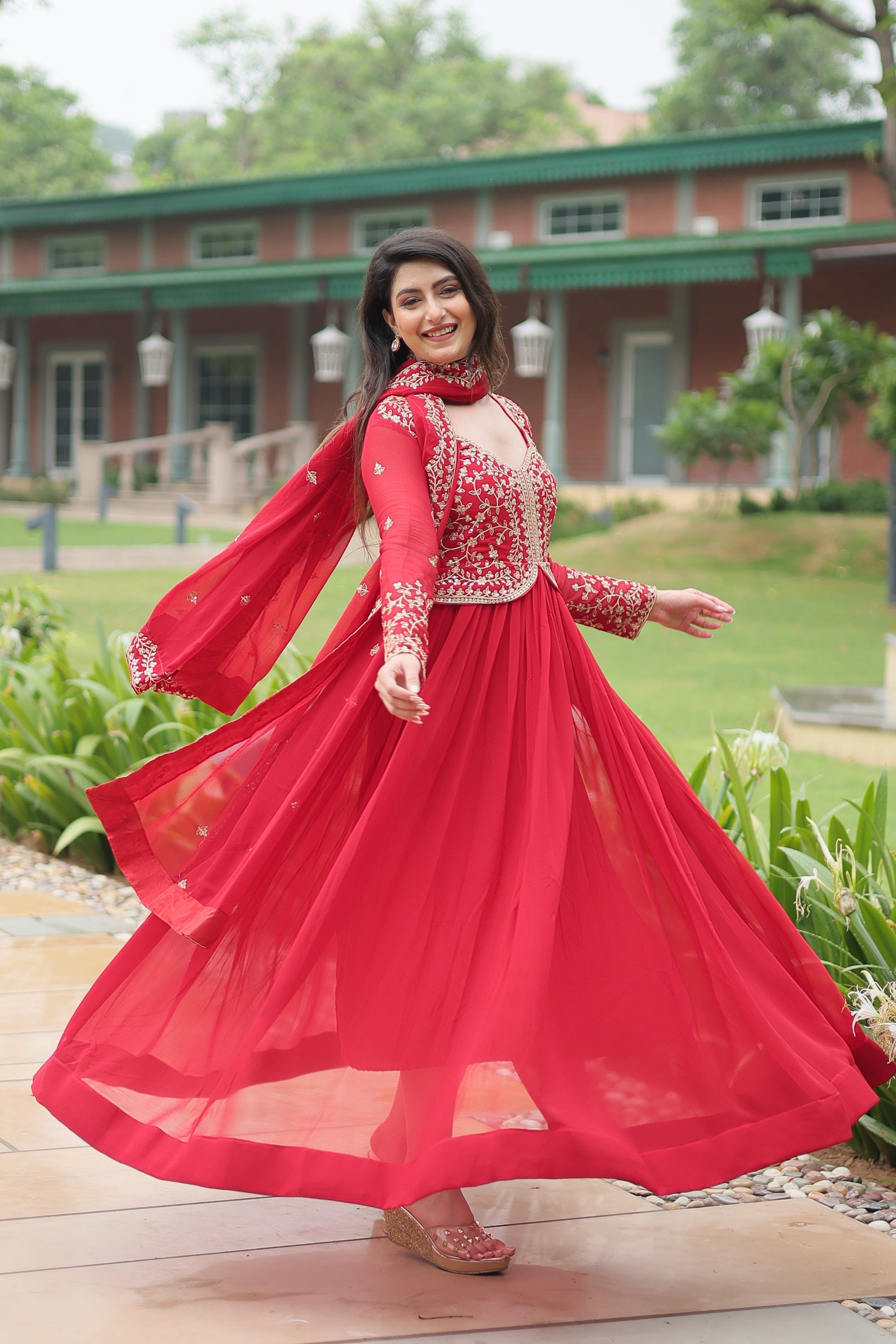 Teeya Creation Red Color Faux Georgette Heavy Embroidery Work Dupatta Fully Stitched Gown