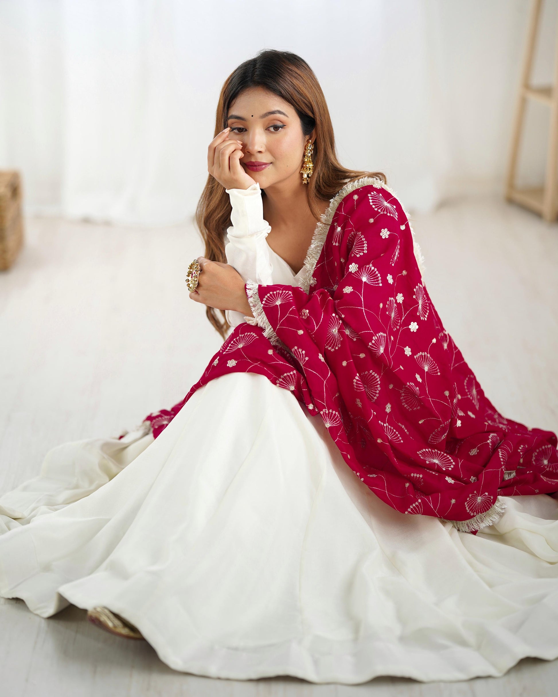Teeya Creation Off White Color Vichitra Silk Fully Stitched Anarkali Gown