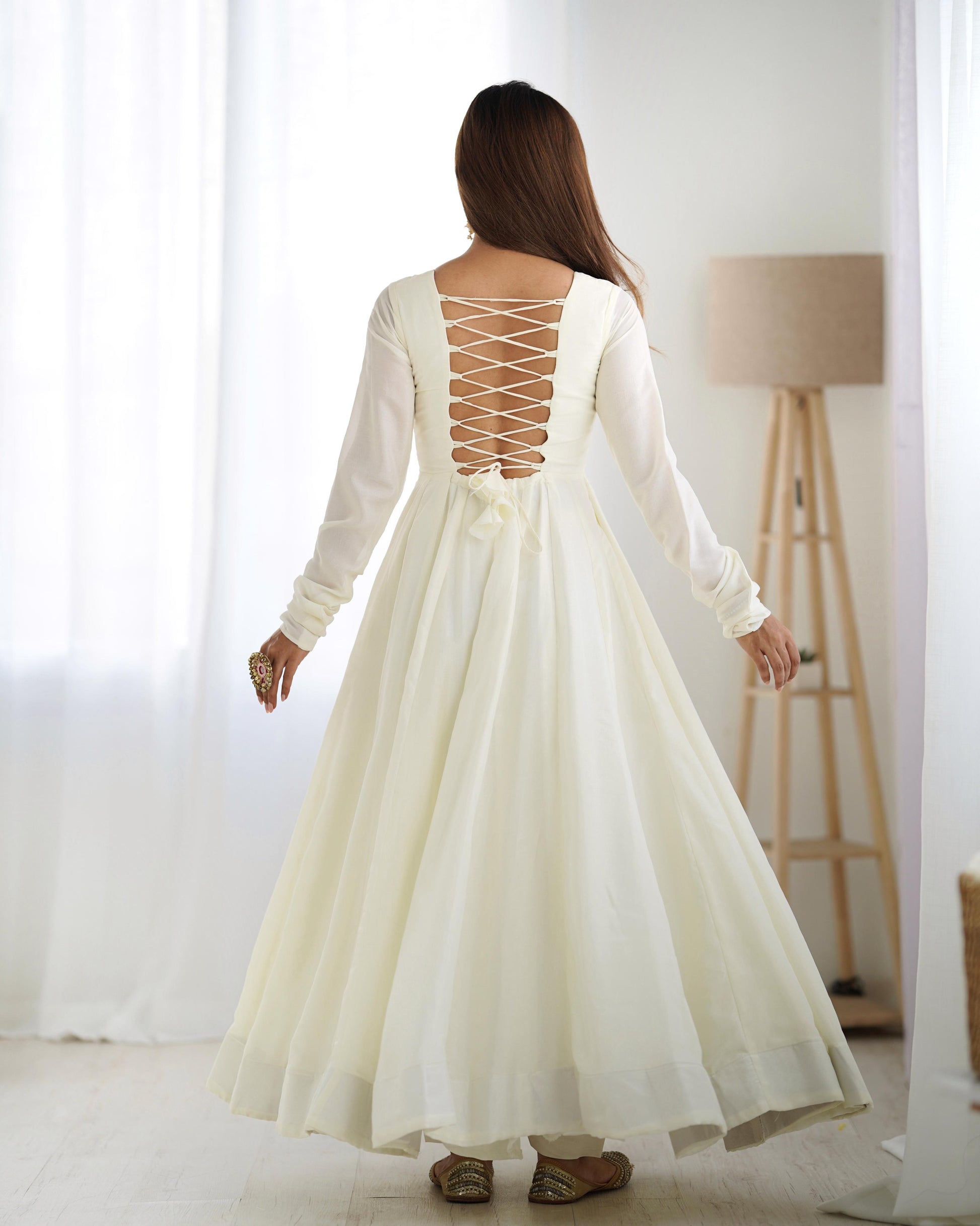Teeya Creation Off White Color Vichitra Silk Fully Stitched Anarkali Gown