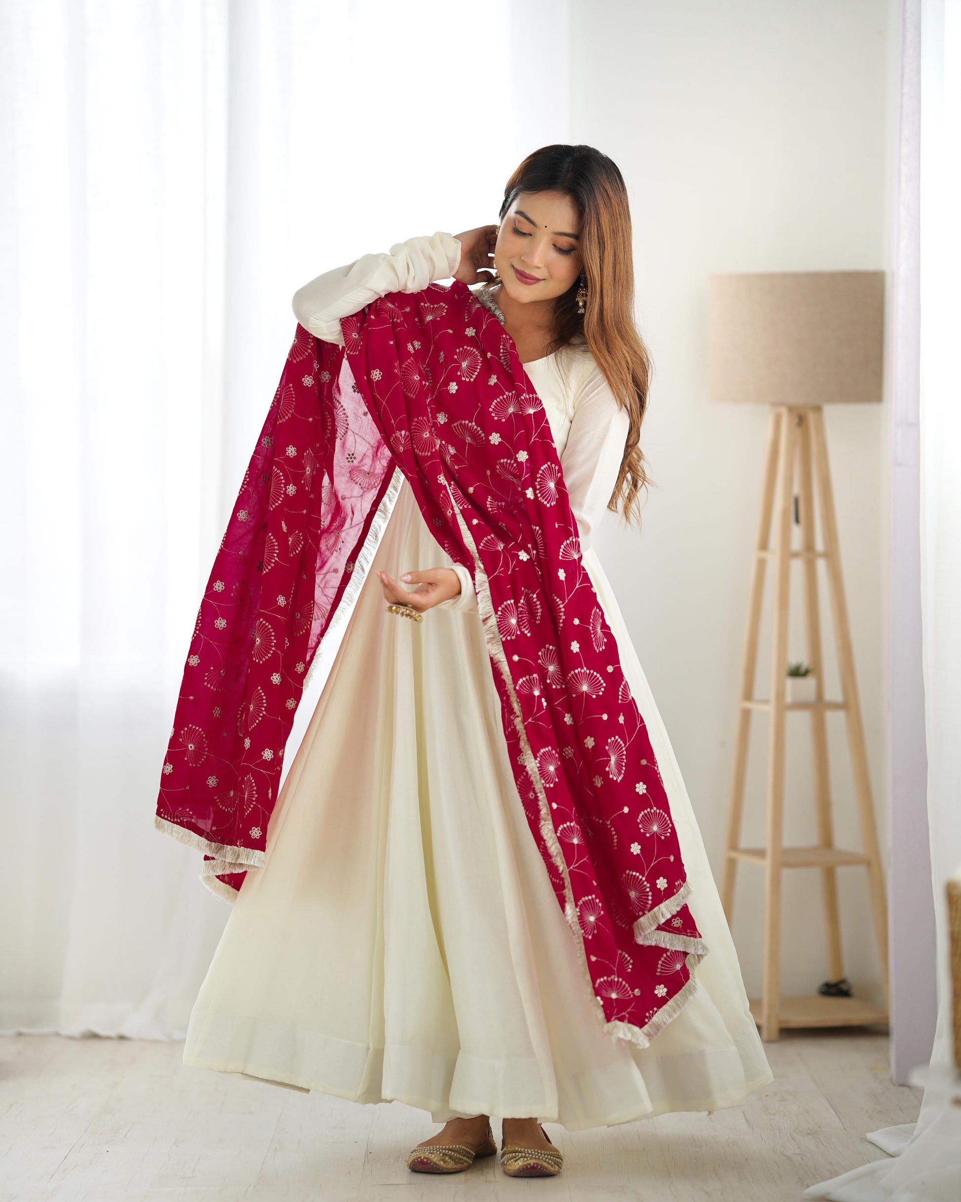 Teeya Creation Off White Color Vichitra Silk Fully Stitched Anarkali Gown