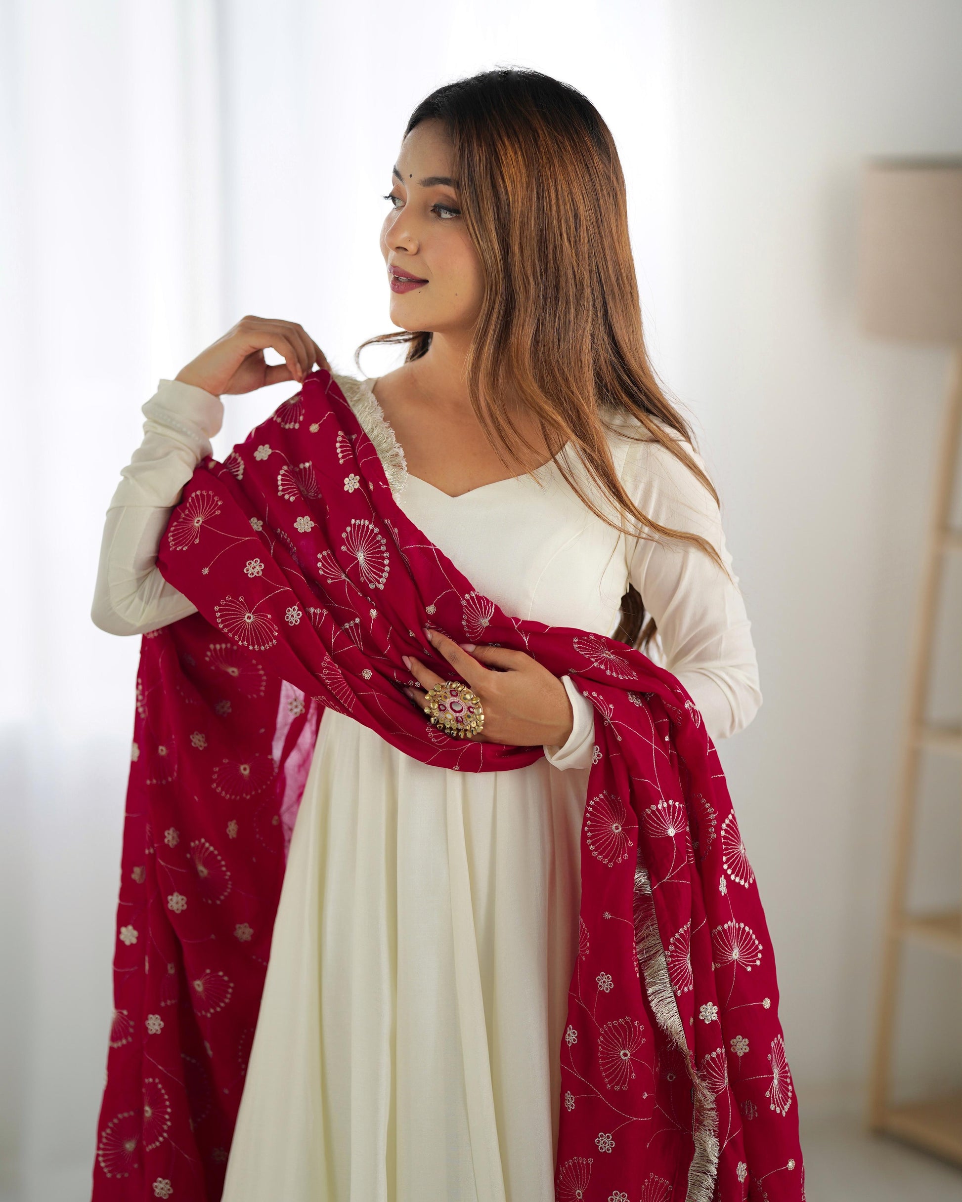 Teeya Creation Off White Color Vichitra Silk Fully Stitched Anarkali Gown