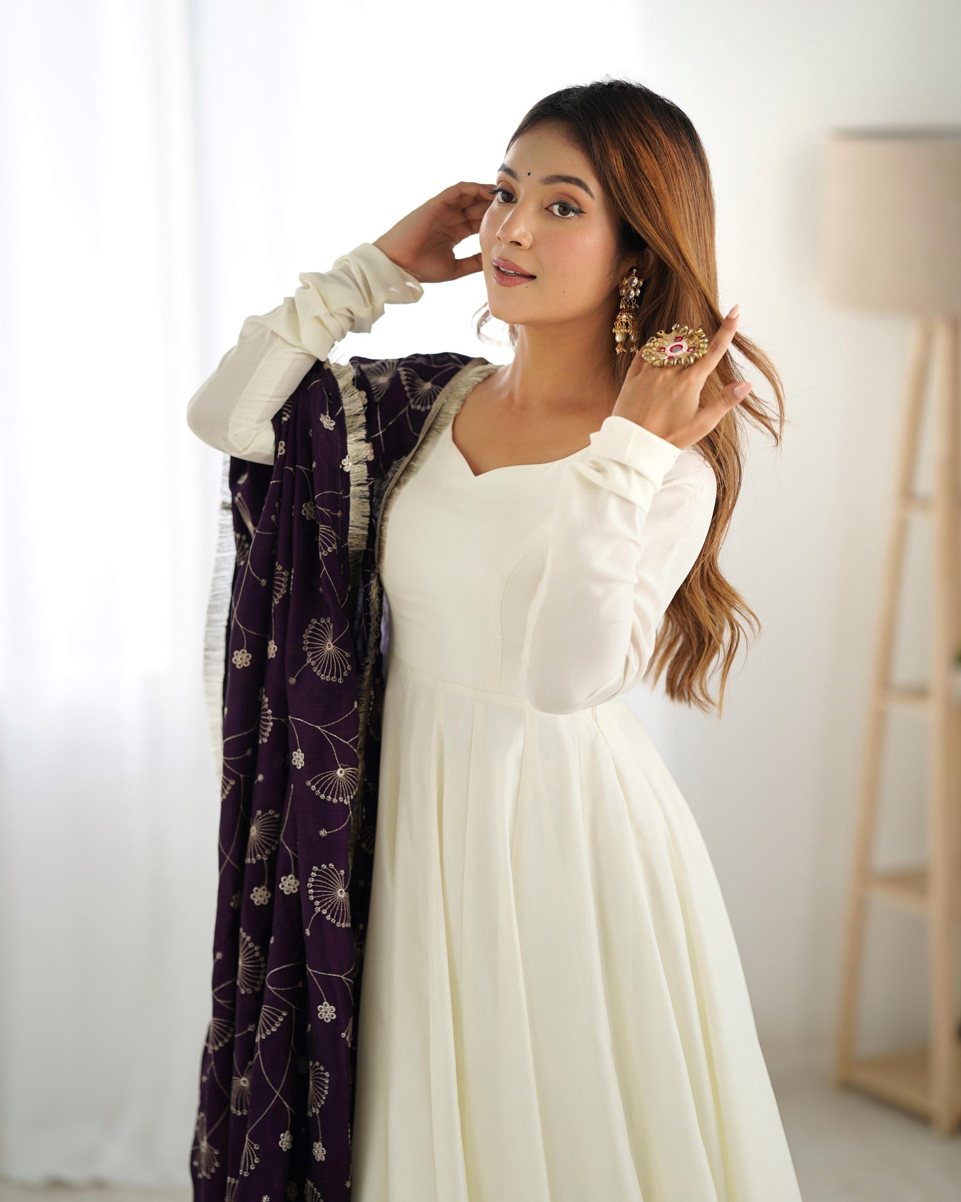 Teeya Creation Off White Color Vichitra Silk Fully Stitched Anarkali Gown