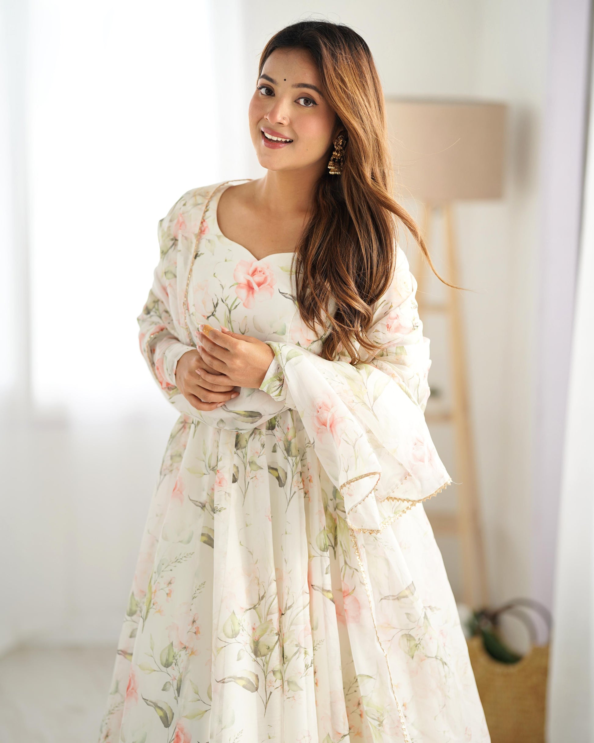 Teeya Creation Off White Color Soft Organza Silk Digital Printed Fully Stitched Anarkali Gown