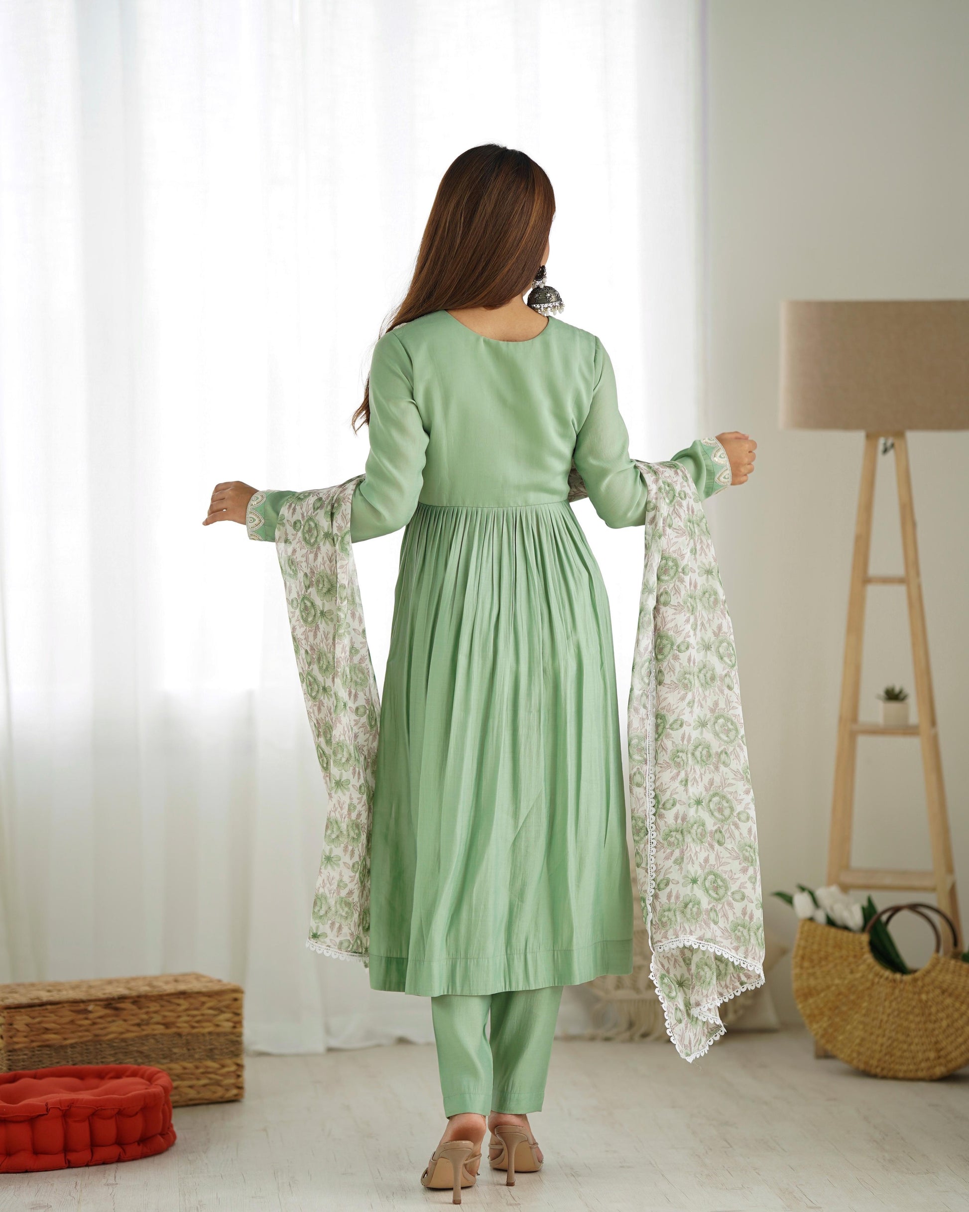 Teeya Creation Pista Color Pure Romansilk Chanderi Fancy Full Stitched Kurti pair