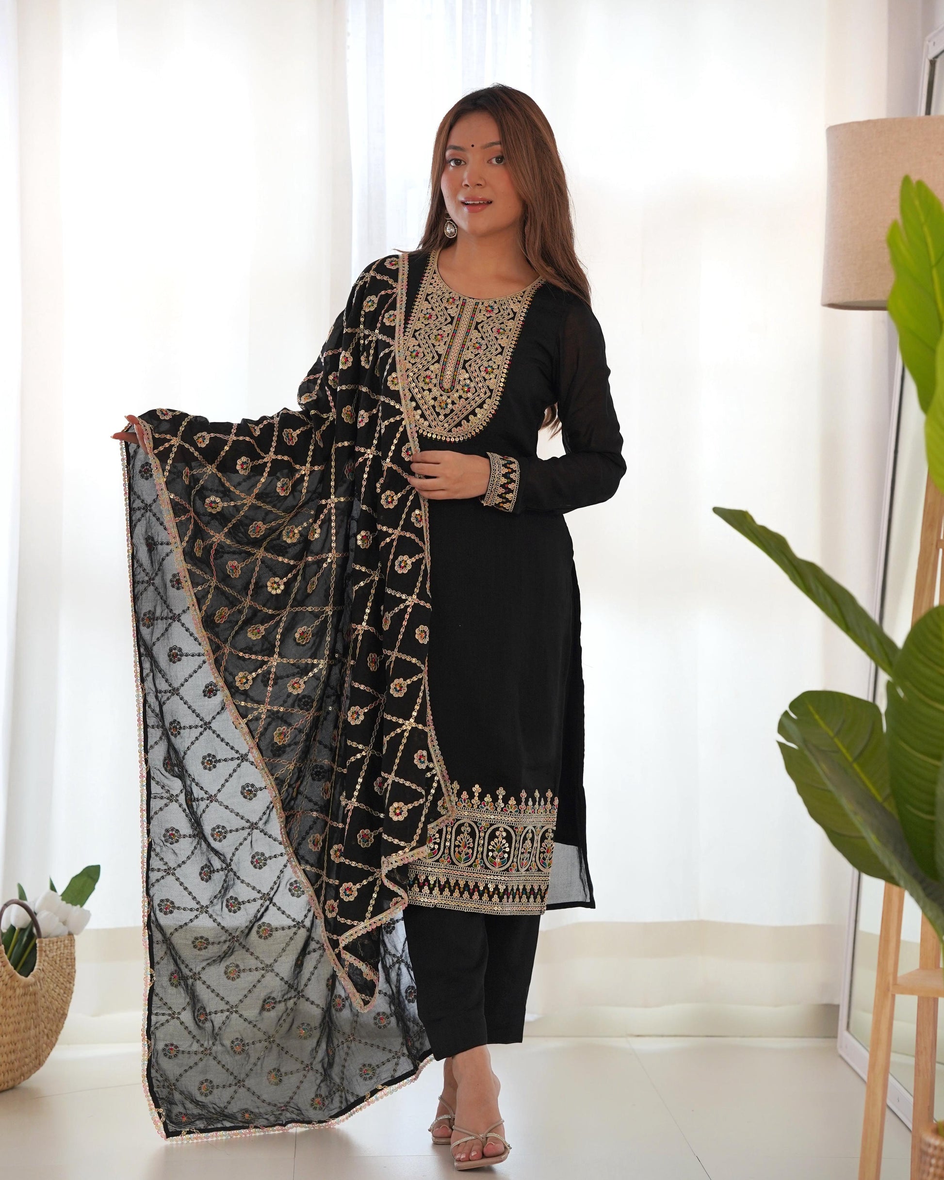 Teeya Creation Black Color Blooming Vichitra Silk Heavy Embroidery Work Fully Stitched Salwar Suit