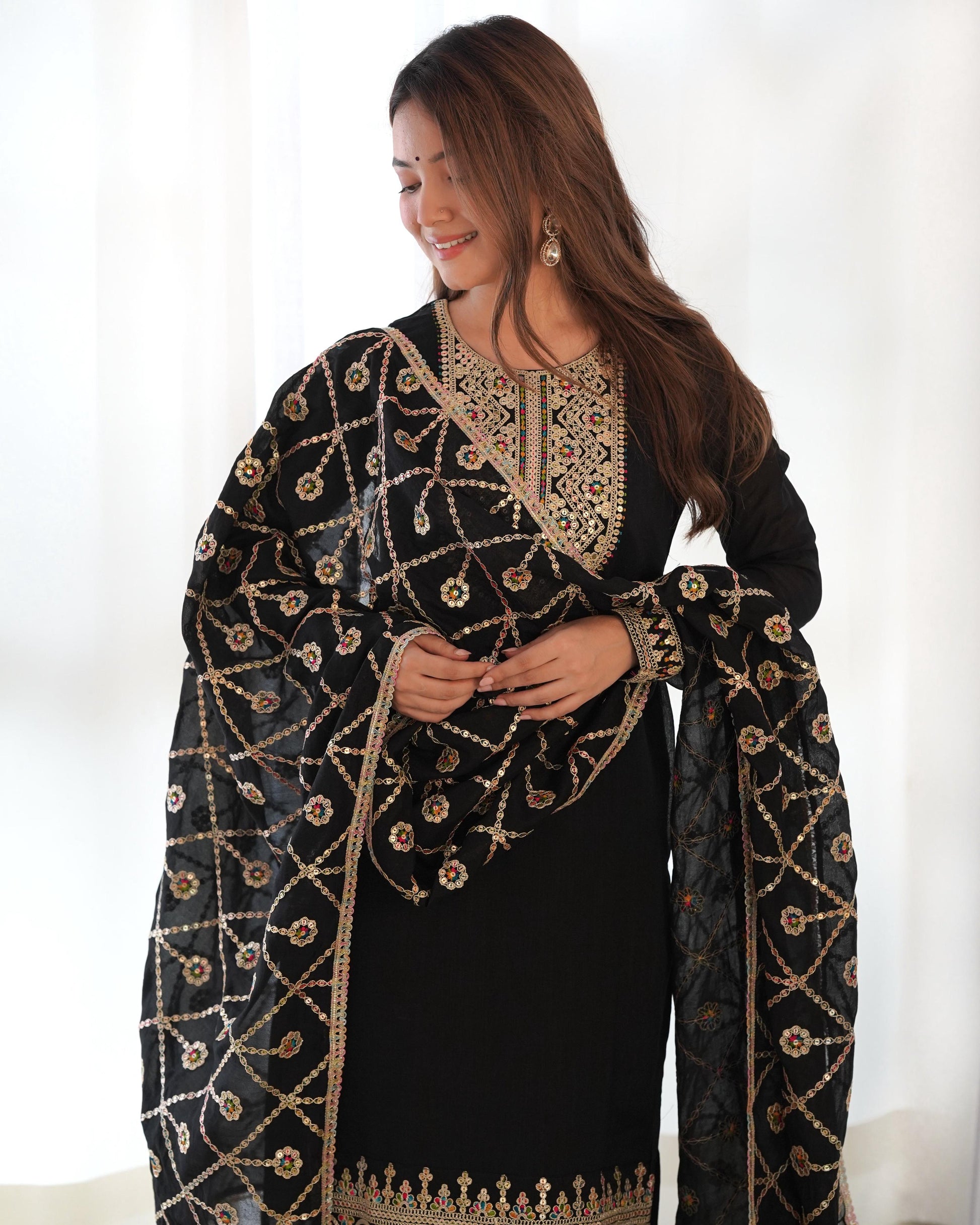 Teeya Creation Black Color Blooming Vichitra Silk Heavy Embroidery Work Fully Stitched Salwar Suit