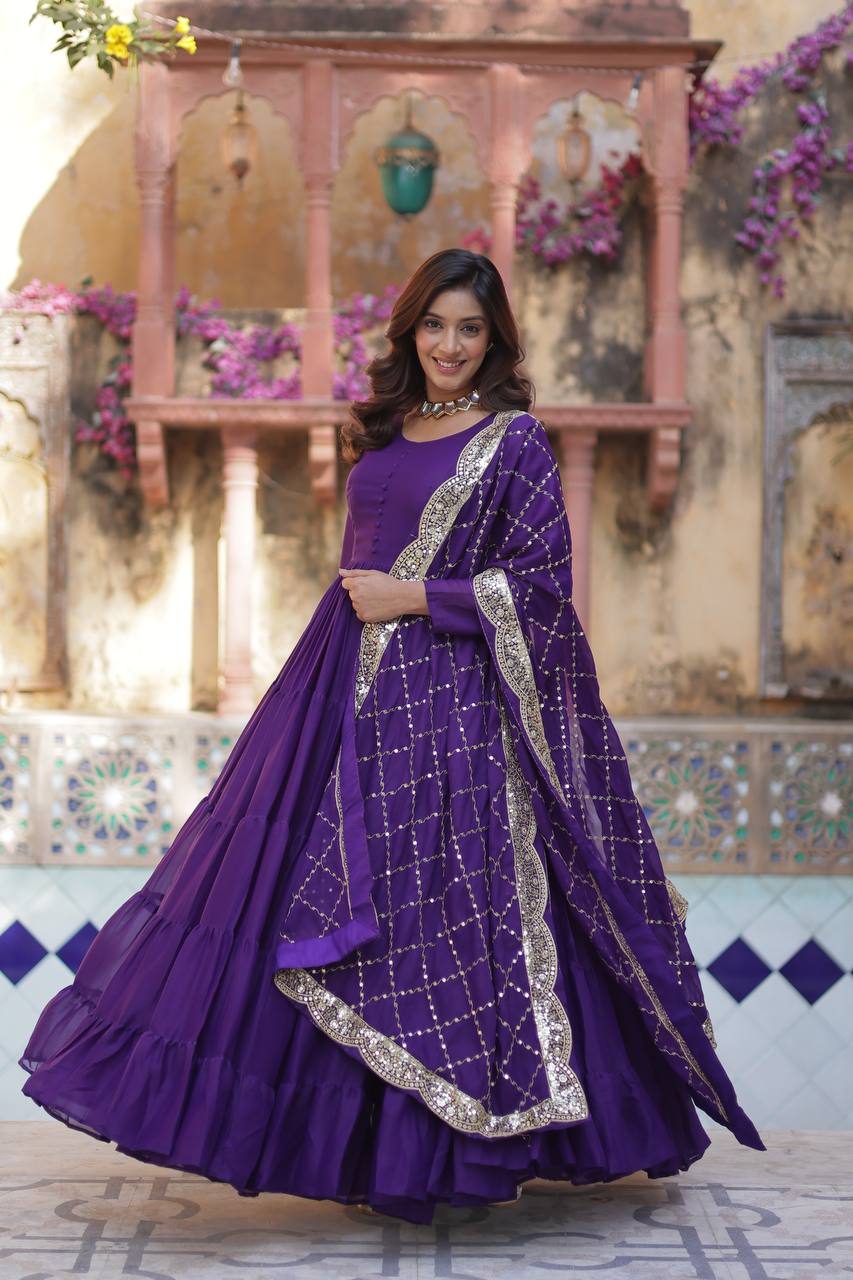 Teeya Creation Purple Color Star Georgette 15 Meter Flari Fully Stitched Gown