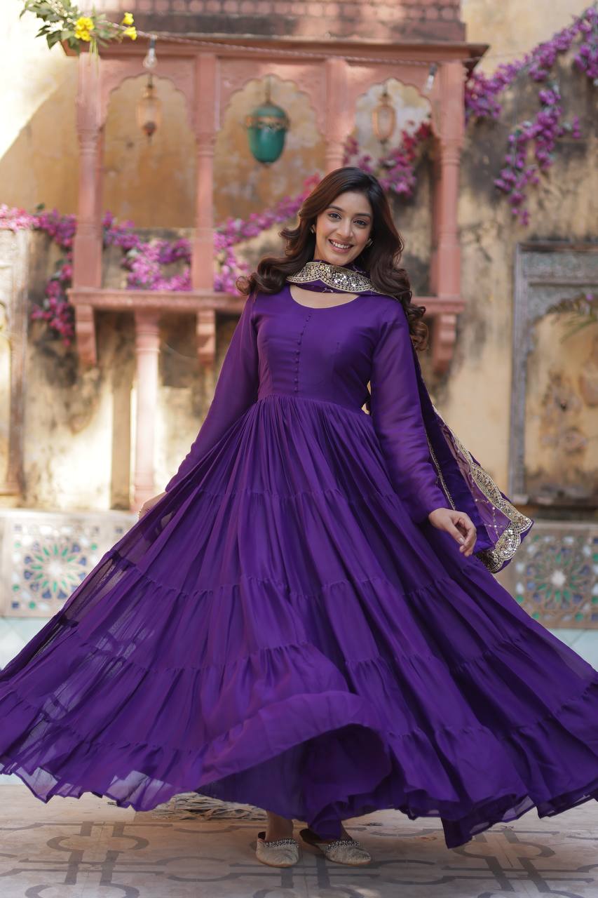 Teeya Creation Purple Color Star Georgette 15 Meter Flari Fully Stitched Gown
