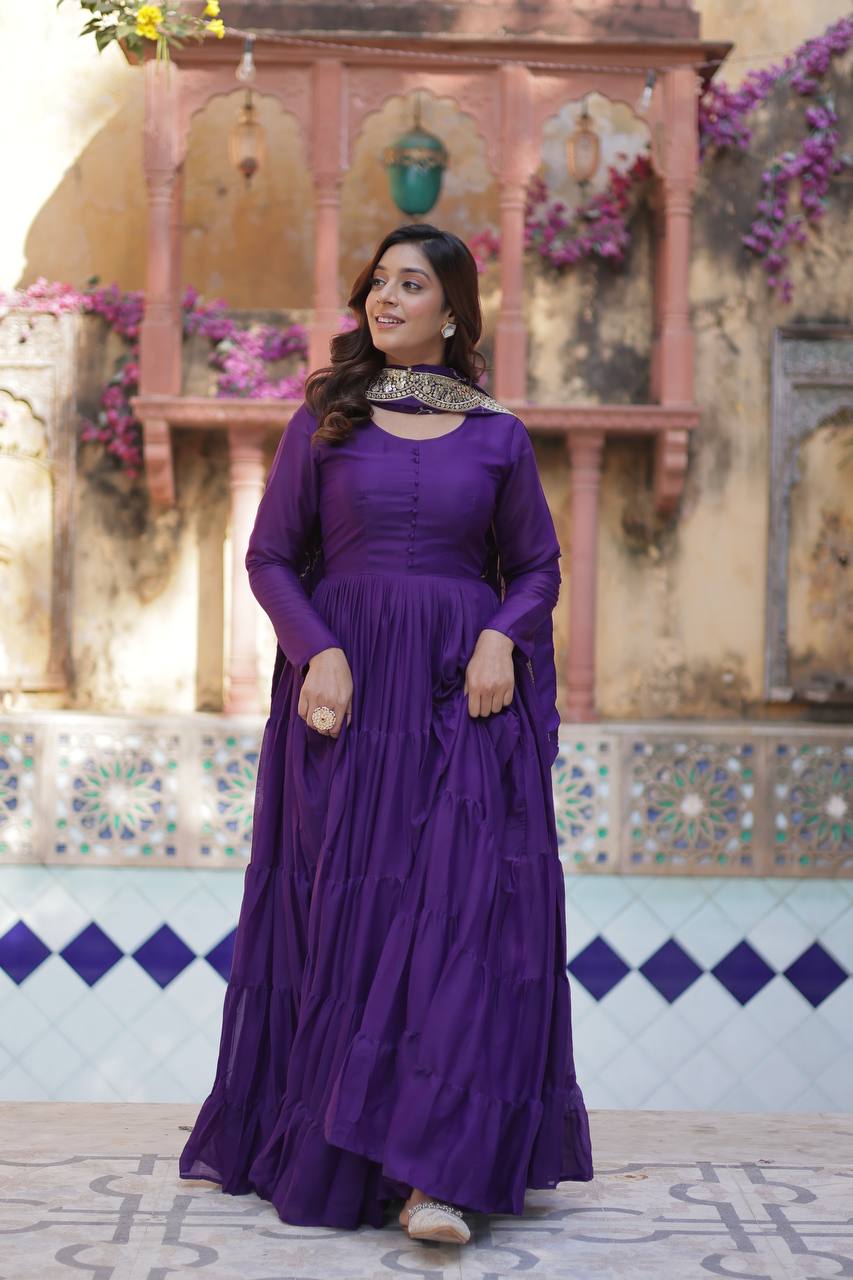 Teeya Creation Purple Color Star Georgette 15 Meter Flari Fully Stitched Gown