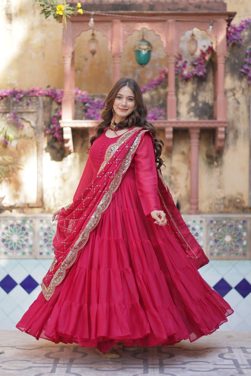 Teeya Creation Pink Color Star Georgette 15 Meter Flari Fully Stitched Gown