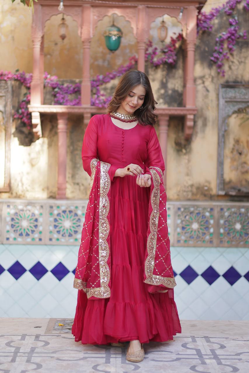 Teeya Creation Pink Color Star Georgette 15 Meter Flari Fully Stitched Gown