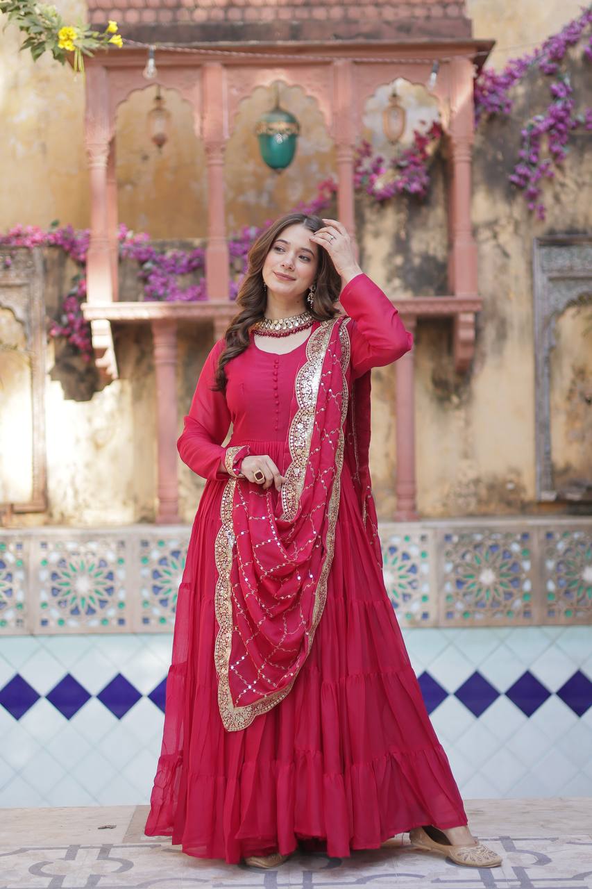 Teeya Creation Pink Color Star Georgette 15 Meter Flari Fully Stitched Gown