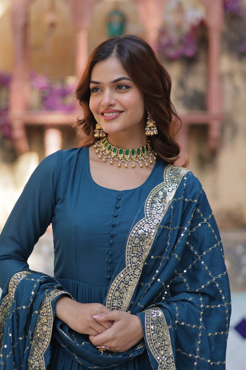 Teeya Creation Teal Color Star Georgette 15 Meter Flari Fully Stitched Gown