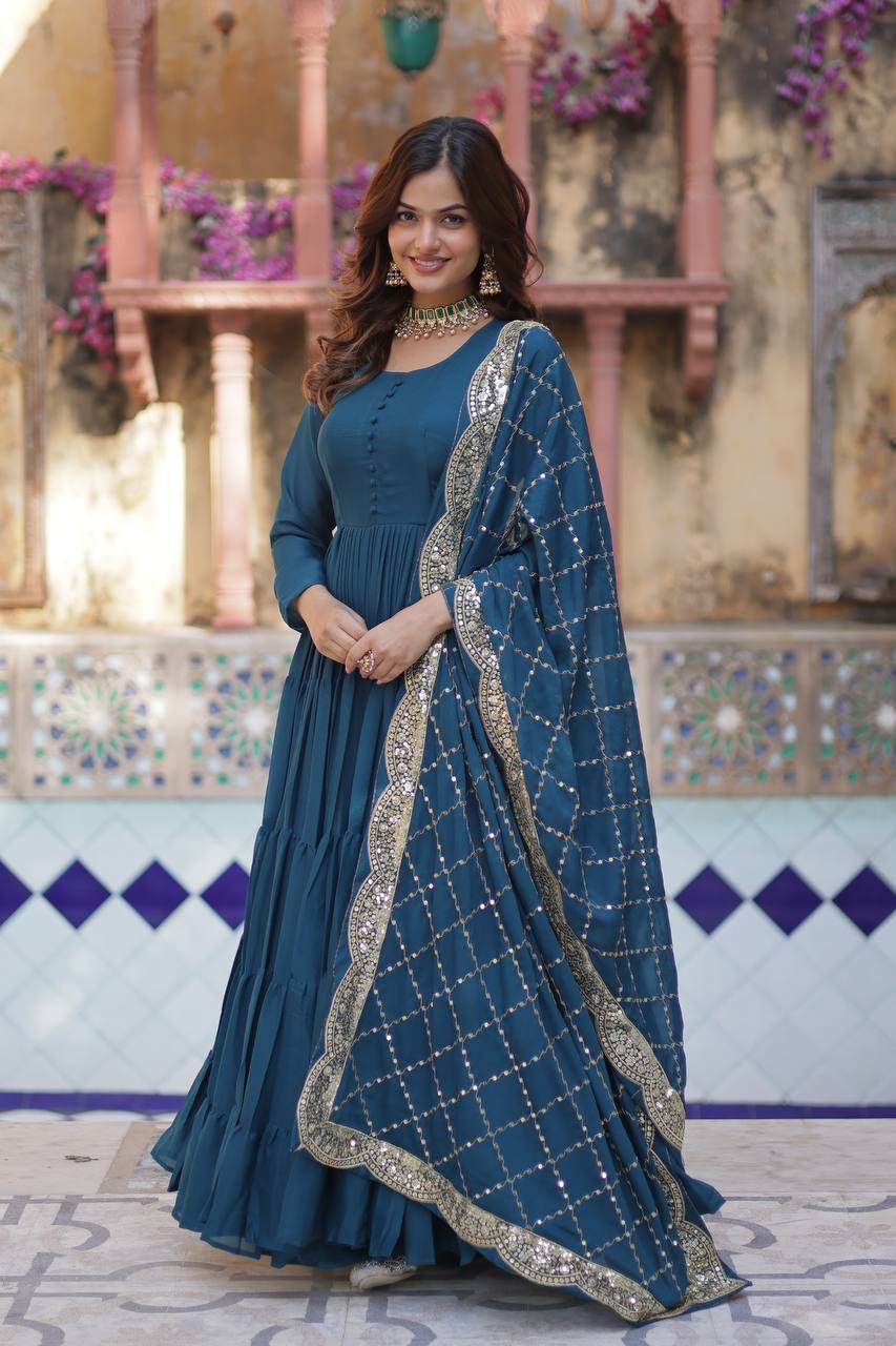 Teeya Creation Teal Color Star Georgette 15 Meter Flari Fully Stitched Gown