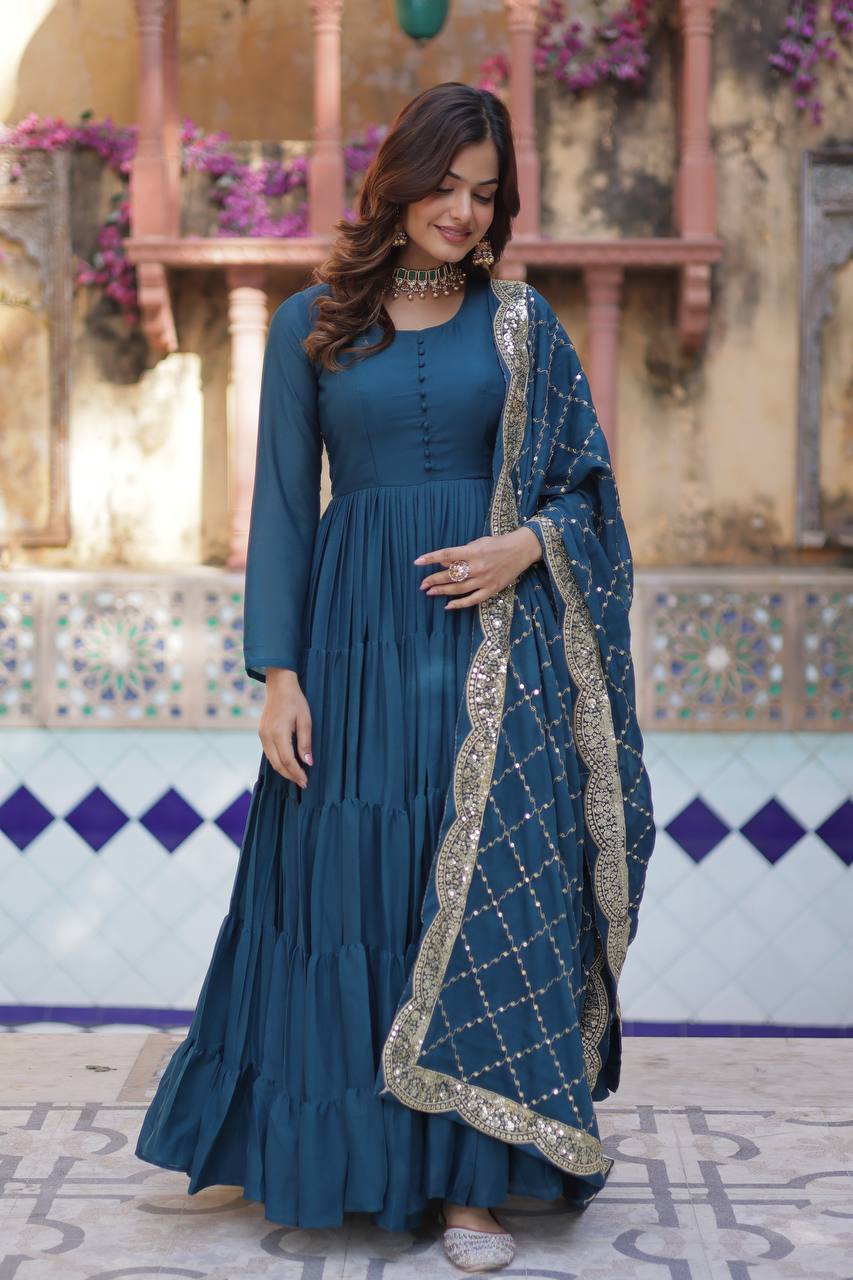 Teeya Creation Teal Color Star Georgette 15 Meter Flari Fully Stitched Gown