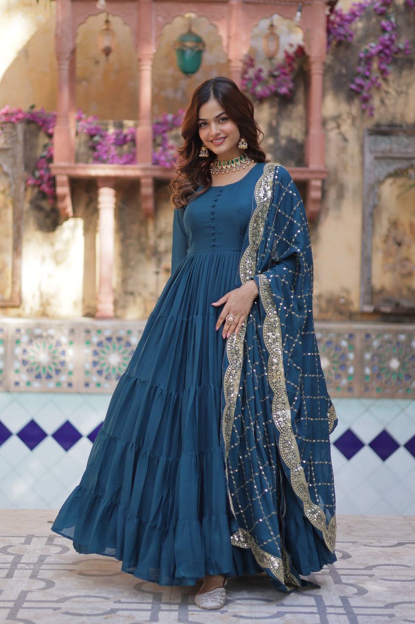 Teeya Creation Teal Color Star Georgette 15 Meter Flari Fully Stitched Gown