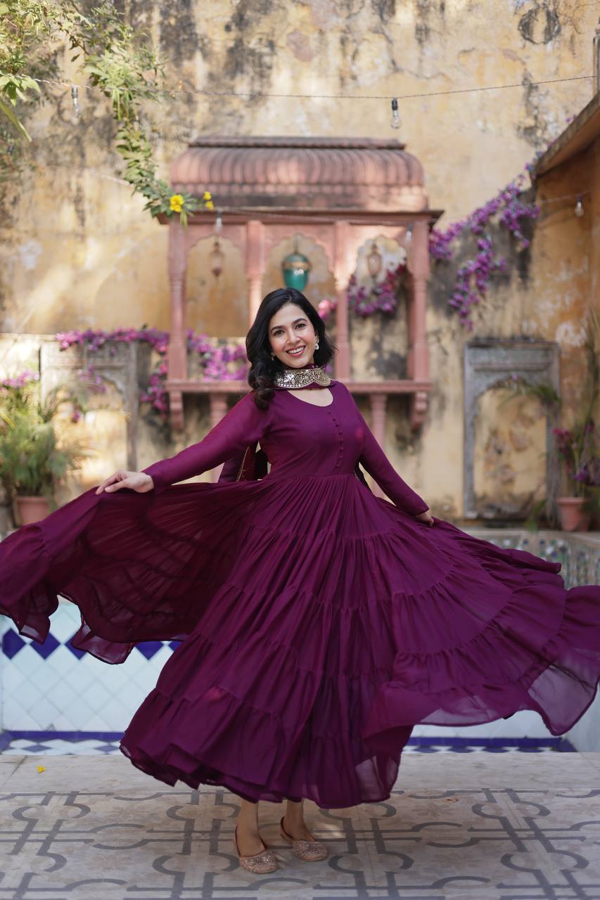 Teeya Creation Wine Color Star Georgette 15 Meter Flari Fully Stitched Gown