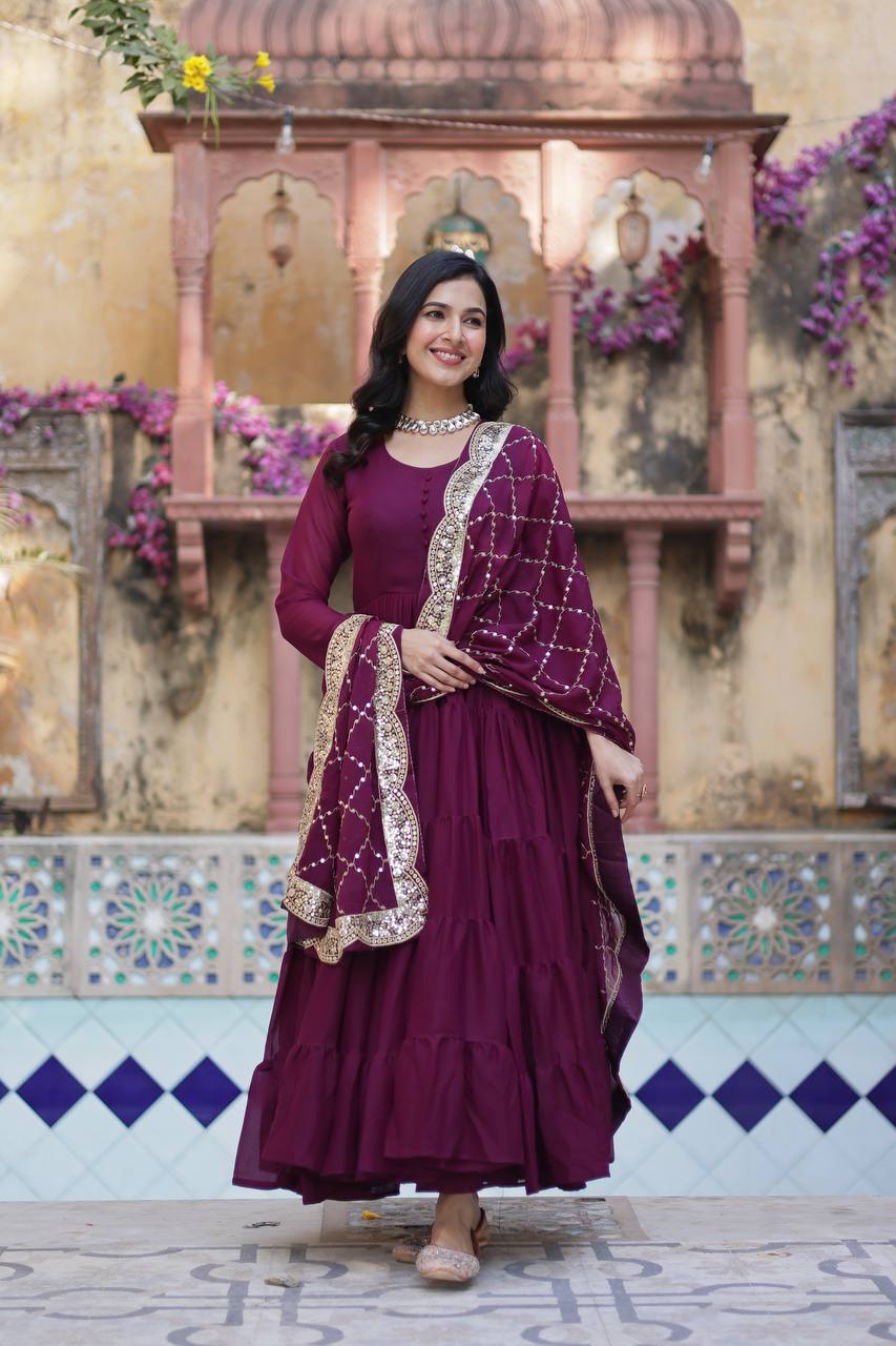 Teeya Creation Wine Color Star Georgette 15 Meter Flari Fully Stitched Gown