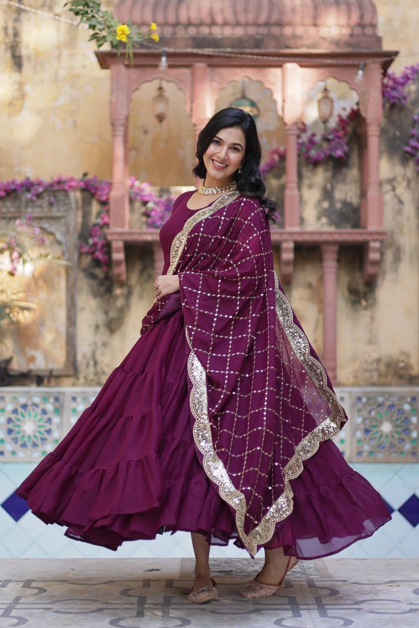 Teeya Creation Wine Color Star Georgette 15 Meter Flari Fully Stitched Gown