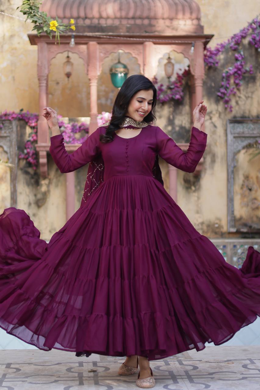 Teeya Creation Wine Color Star Georgette 15 Meter Flari Fully Stitched Gown