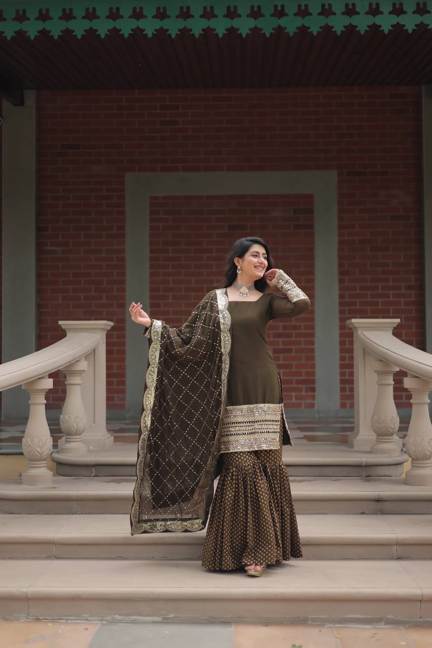 Teeya Creation Mehndi Color Faux Georgette Heavy Embroidery Work Fully stitched gharara set