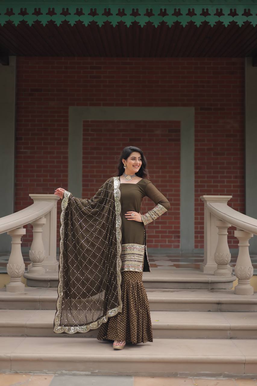 Teeya Creation Mehndi Color Faux Georgette Heavy Embroidery Work Fully stitched gharara set