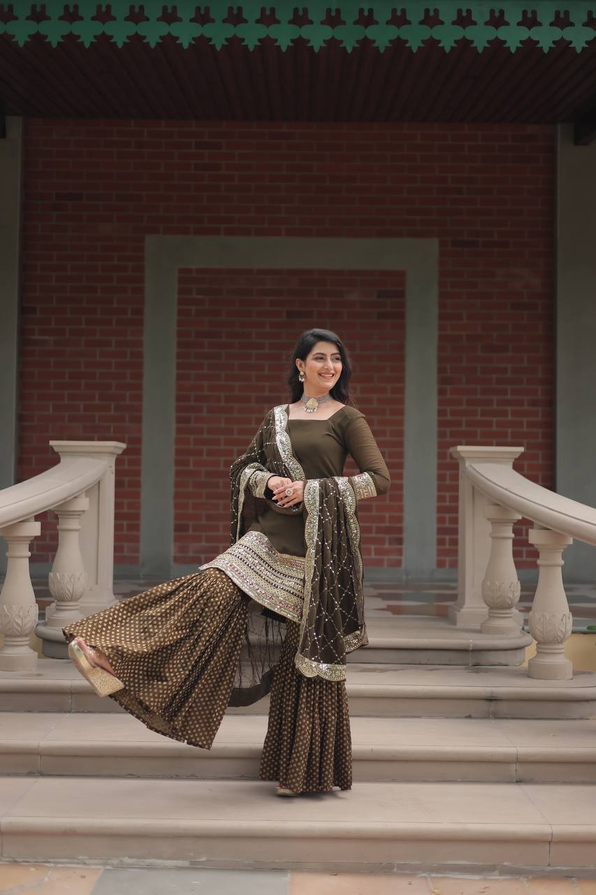 Teeya Creation Mehndi Color Faux Georgette Heavy Embroidery Work Fully stitched gharara set