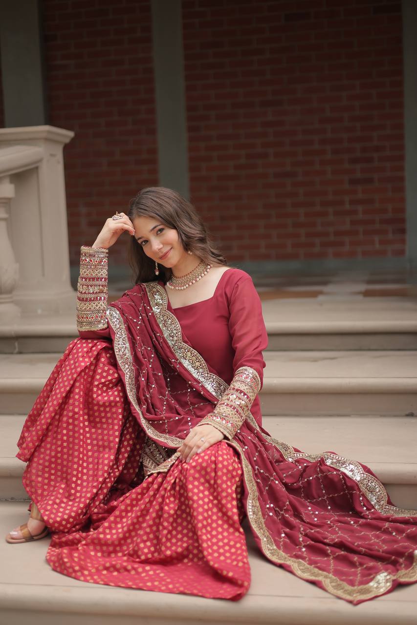 Teeya Creation Maroon Color Faux Georgette Heavy Embroidery Work Fully stitched gharara set