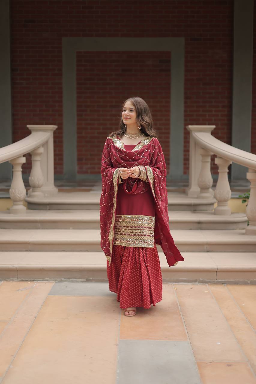 Teeya Creation Maroon Color Faux Georgette Heavy Embroidery Work Fully stitched gharara set
