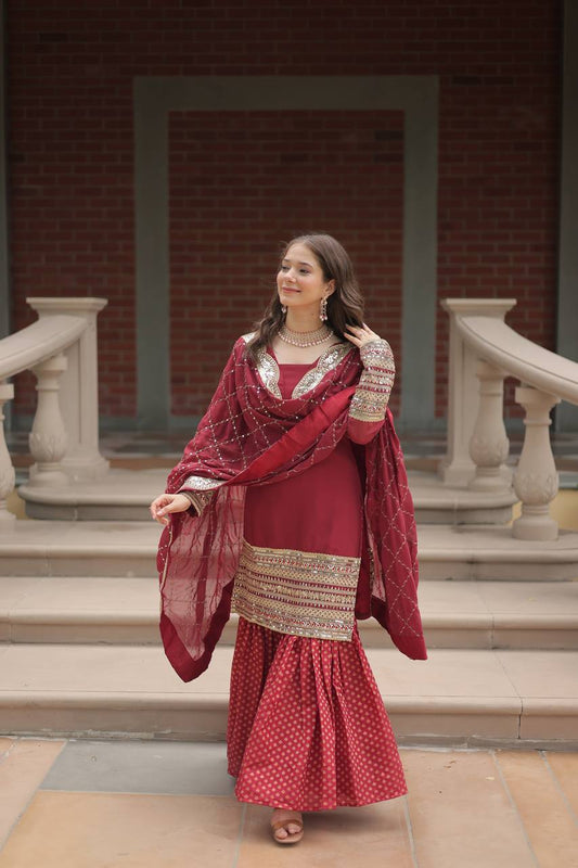 Teeya Creation Maroon Color Faux Georgette Heavy Embroidery Work Fully stitched gharara set