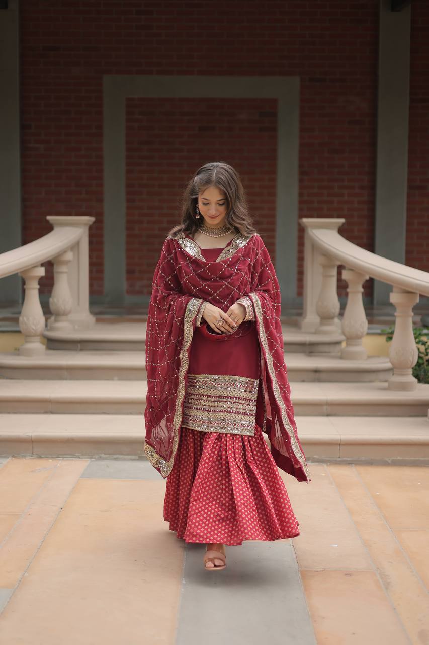 Teeya Creation Maroon Color Faux Georgette Heavy Embroidery Work Fully stitched gharara set