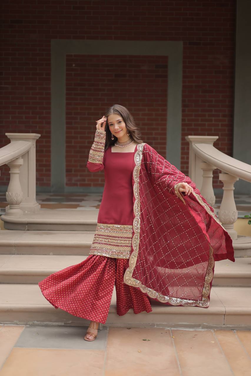 Teeya Creation Maroon Color Faux Georgette Heavy Embroidery Work Fully stitched gharara set