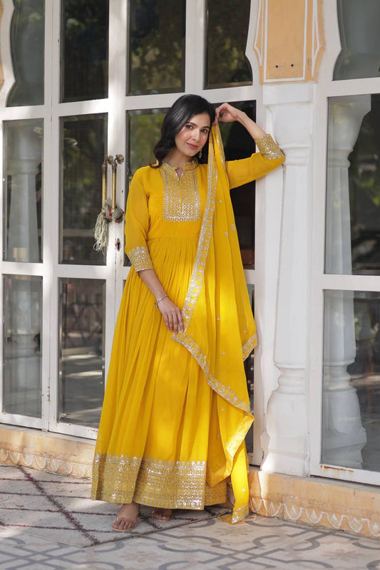 Teeya Creation Yellow Color Faux georgette Heavy Embroidery Work Fully Stitched Gown