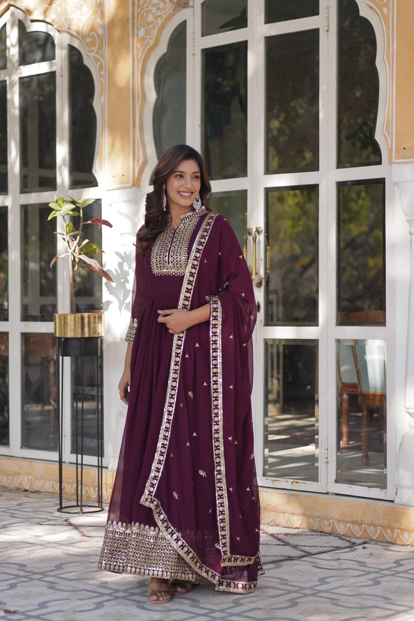 Teeya Creation Wine Color Faux georgette Heavy Embroidery Work Fully Stitched Gown