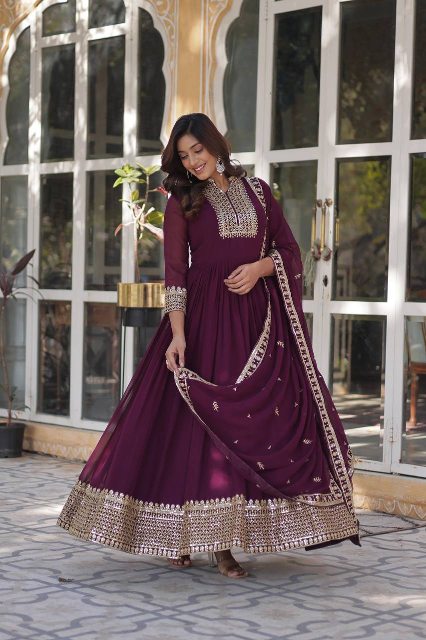 Teeya Creation Wine Color Faux georgette Heavy Embroidery Work Fully Stitched Gown