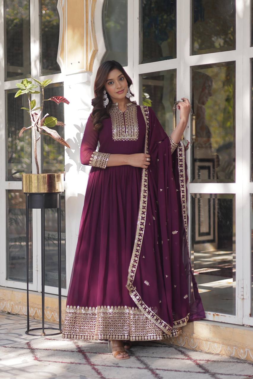Teeya Creation Wine Color Faux georgette Heavy Embroidery Work Fully Stitched Gown