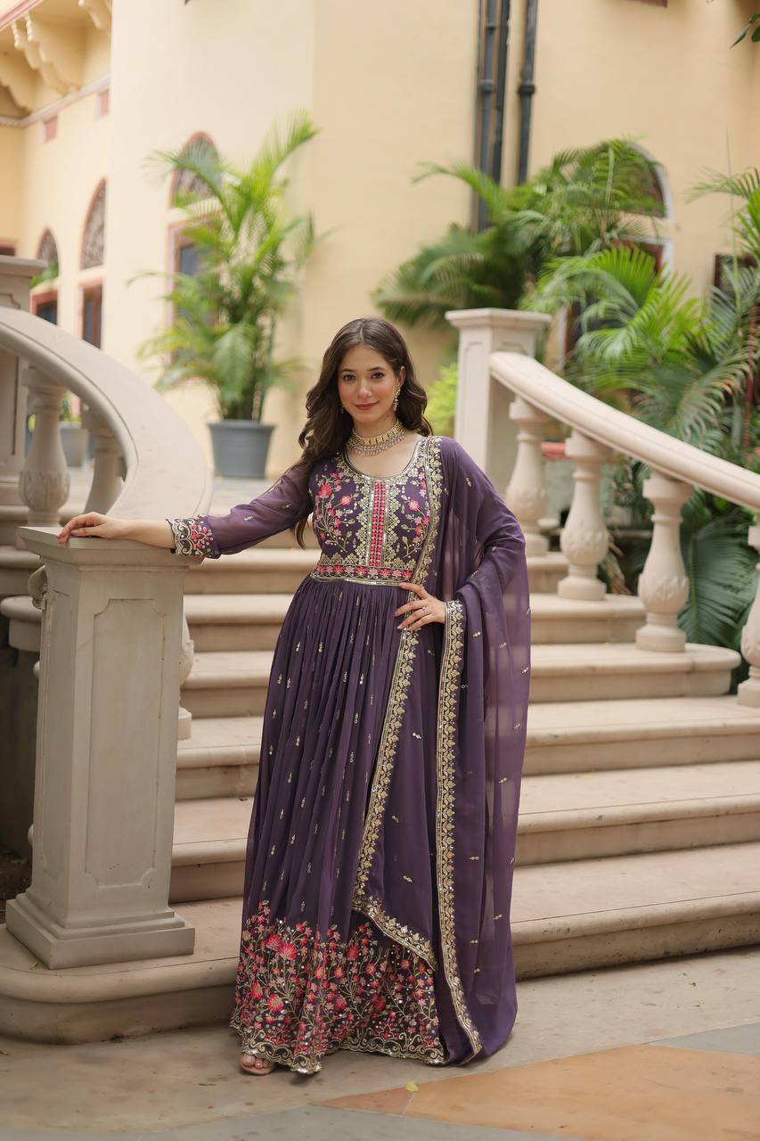 Teeya Creation Plum Color Faux Georgette Heavy Work Fully Stitched Sharara Set