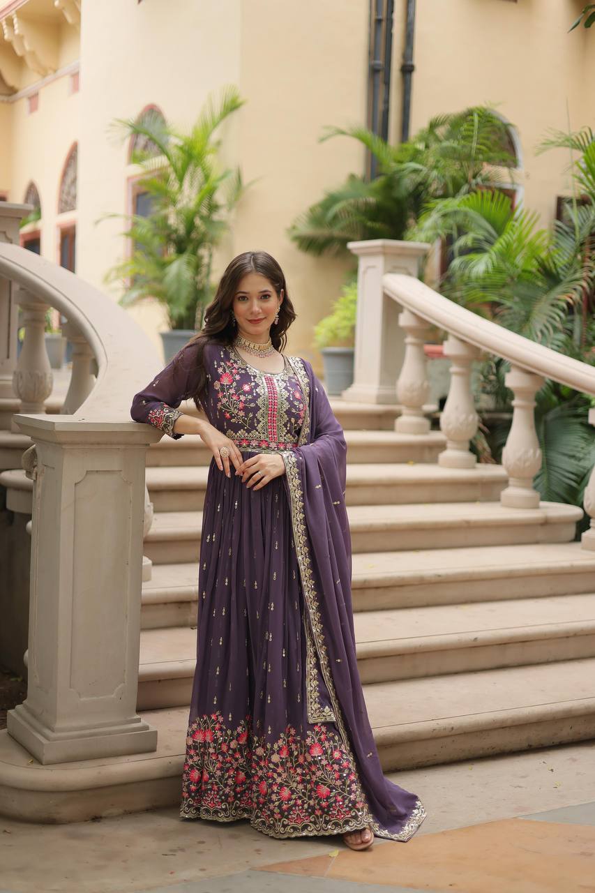 Teeya Creation Plum Color Faux Georgette Heavy Work Fully Stitched Sharara Set