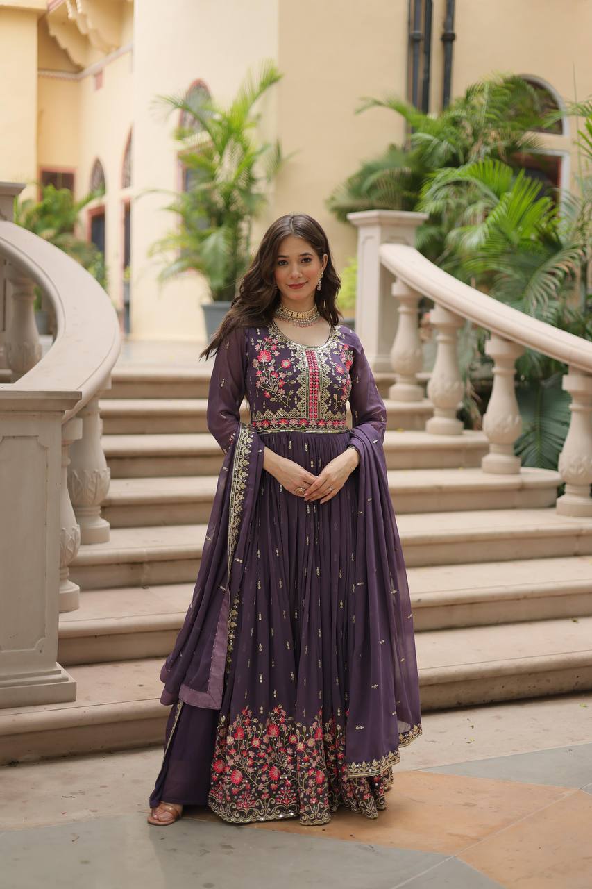 Teeya Creation Plum Color Faux Georgette Heavy Work Fully Stitched Sharara Set