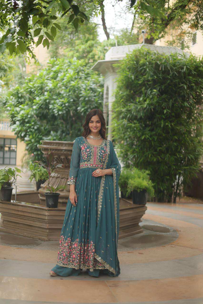 Teeya Creation Teal Color Faux Georgette Heavy Work Fully Stitched Sharara Set