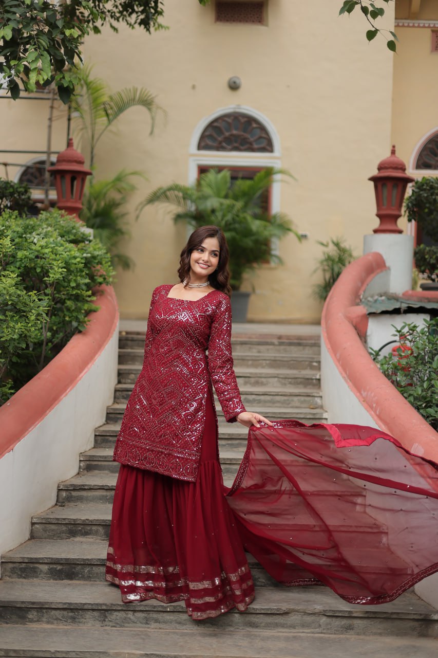 Teeya Creation Maroon Color Faux Georgette Heavy Embroidery Work Fully stitched Sharara set
